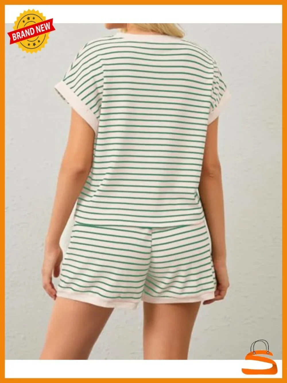 Striped Ribbed Knit 2 Piece Lounge Set Short Sleeve Tee and Shorts Pajama Set